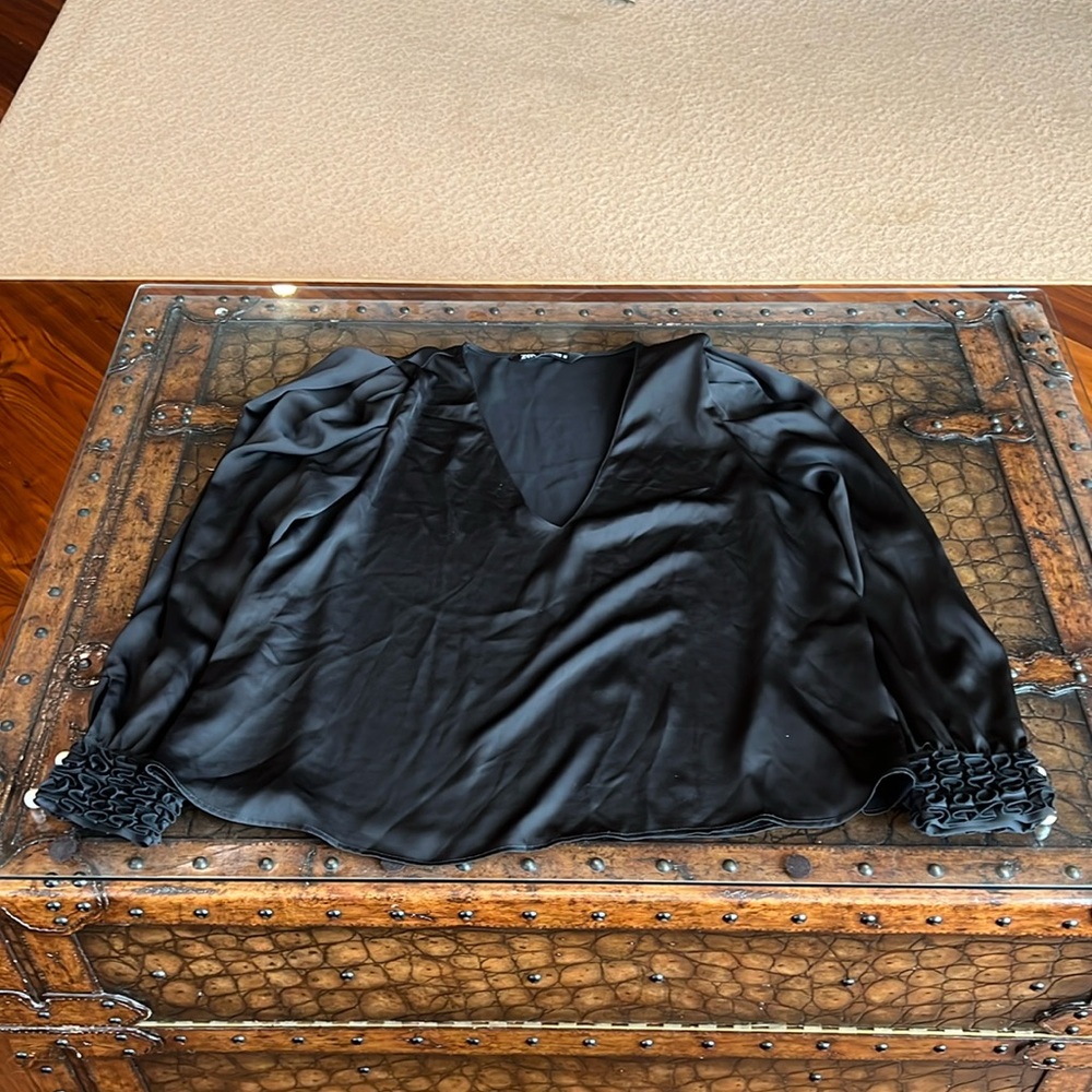 Zara Black Satin Blouse With Embellished Jeweled Cuffs